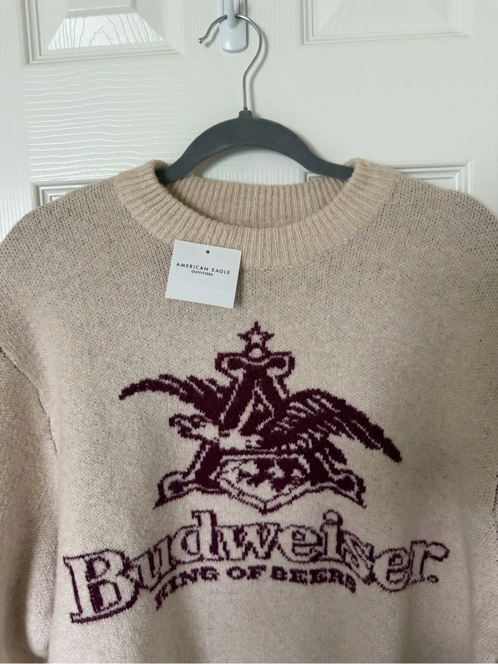 American Eagle Outfitters Beige Crewneck Sweater with Burgundy Logo